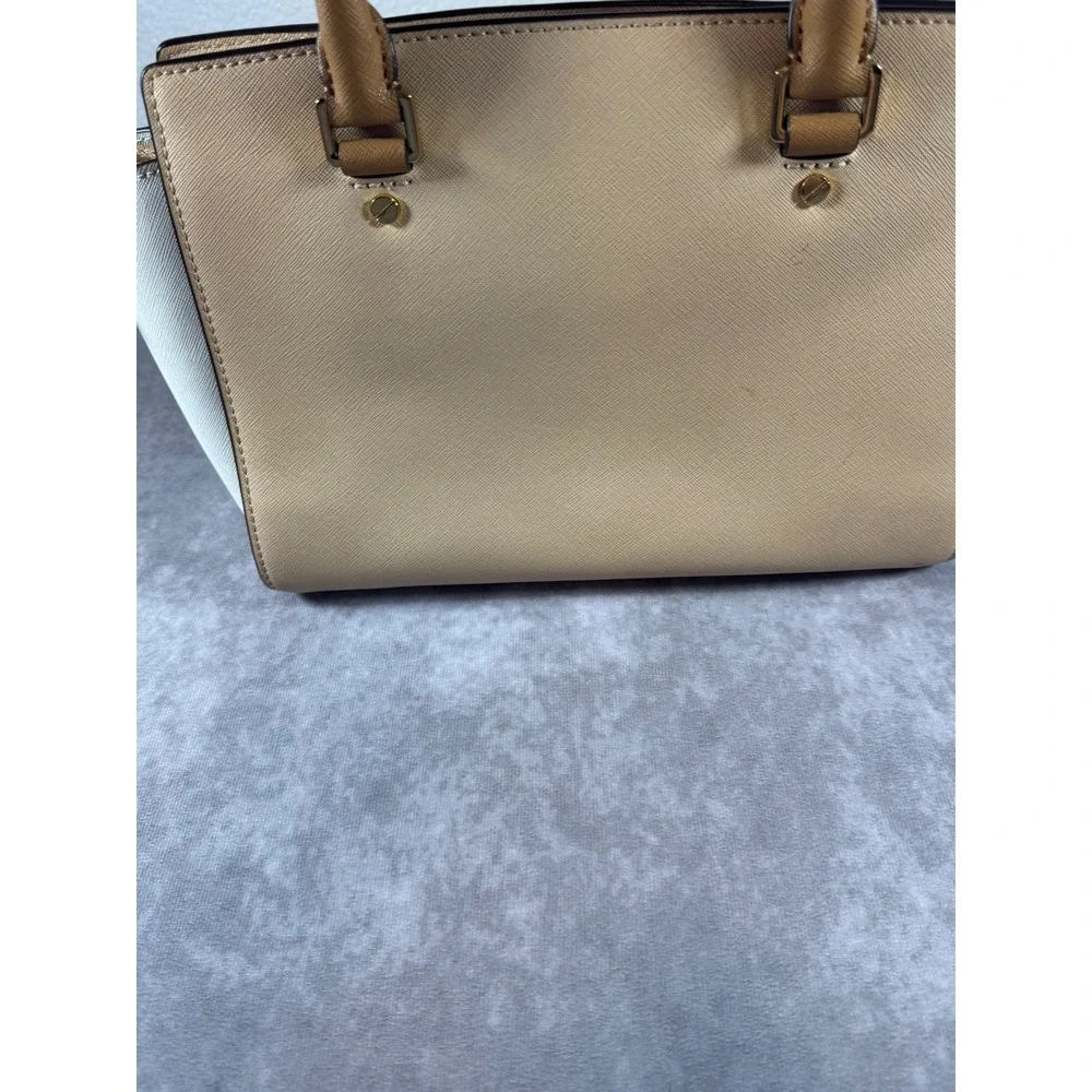 Michael Kors Selma Medium Satchel Bag Cream Tan White Saffiano Leather Handbag